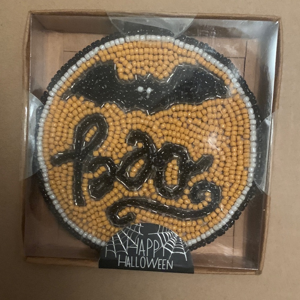 NEW- Halloween Hand Beaded Pack Of Four Drink Coasters with Bat and Boo Design